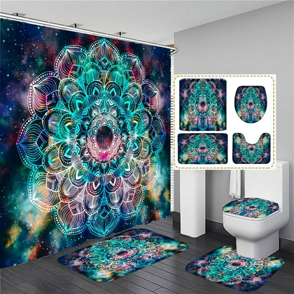 Datura Mandala Print Bathroom Set Shower Curtain with Anti-slip Flannel Bath Mat Doormat Toilet Lid Cover Home Kitchen Carpet