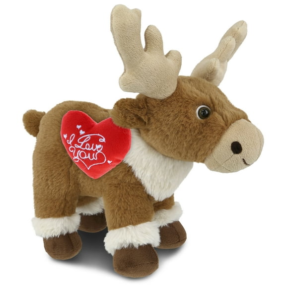 DolliBu I Love You Plush Super Soft Standing Reindeer - Cute Stuffed Animal Reindeer with Red Heart Plush for Valentines, Anniversary, Romantic Date, Boyfriend, or Girlfriend Gift - 11 Inches