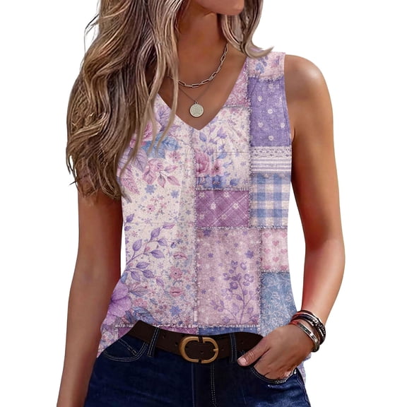 Iaqnaocc White Tank Top Woman 2026 Summer Sleeveless Loose Fit Geometric Print Pleated Tunic Casual Basic V-Neck Tops for Women Trendy Clothes Light Purple XXL