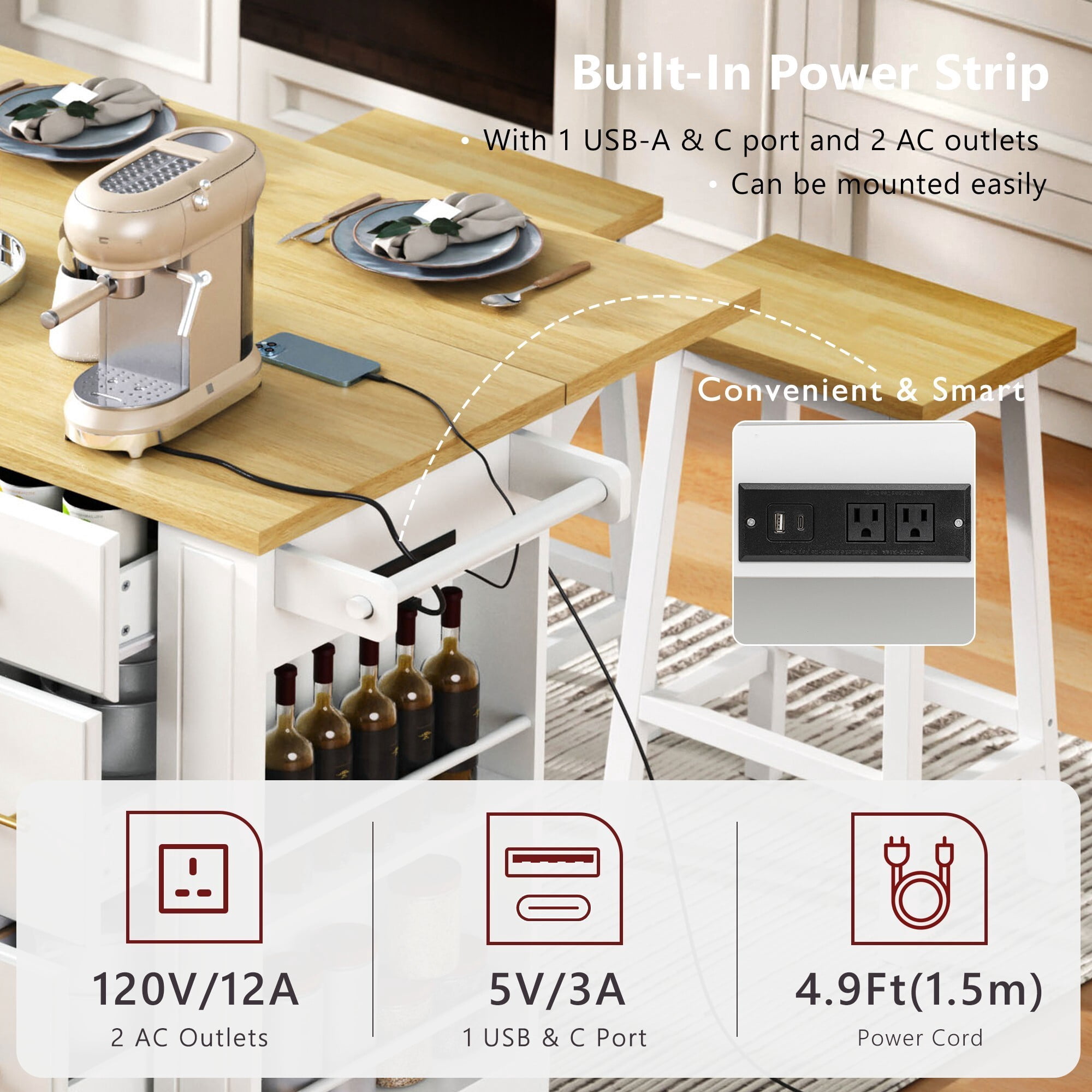 AENKYO 51.2'' Kitchen Island Cart with Charging Station, Drop Leaf, Hidden Trash Cabinet, 6 Drawers & Removable Wheels, White