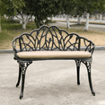 thumbnail image 3 of Gzxs Outdoor Bench with Seat Cushion, Cast Aluminum Garden Patio Bench with Floral Tulip Accent, for Front Porch, Backyard, Balcony, Black, 3 of 7