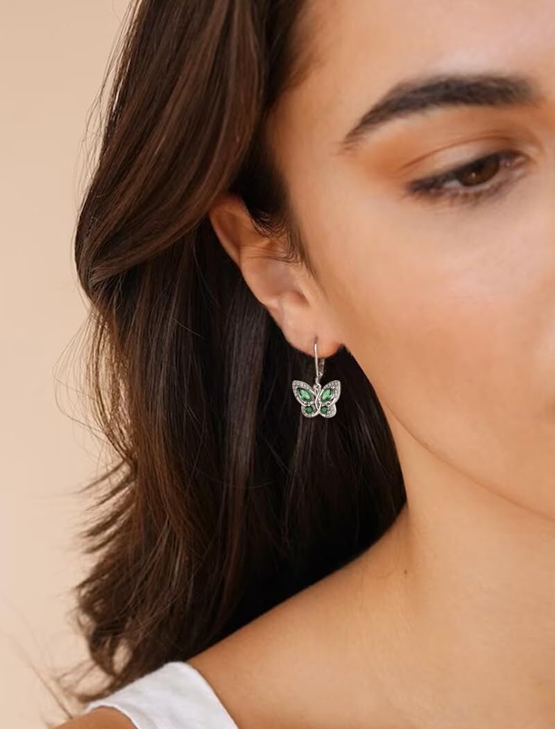 Starchenie Butterfly Earrings for Women 925 Sterling Silver Leverback Earrings Birthstone May Emerald Butterfly Jewelry Gifts