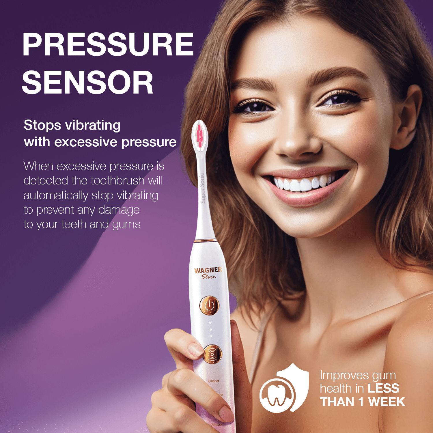 Wagner Stern WHITEN+ Edition. Smart Electric Toothbrush with Pressure Sensor. 5 Brushing Modes and 3 Intensity Levels, 8 Dupont Bristles, Premium Travel Case
