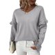 thumbnail image 1 of Suéter de mujer de manga larga con cuello en V y ribete de volantes Jersey casual Top de punto para clima frío Gris M, 1 of 6