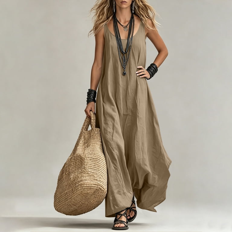 Asgosdo Women Summer Dresses Sleeveless Solid Color Loose Fit Casual Comfy Beach Vacation Dress