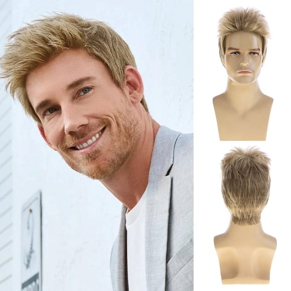 PinesC Mens Short Blonde Wig Natural Layered Costume Halloween Wig Synthetic Heat Resistant Hair Replacement Wigs for Male Guys Blonde