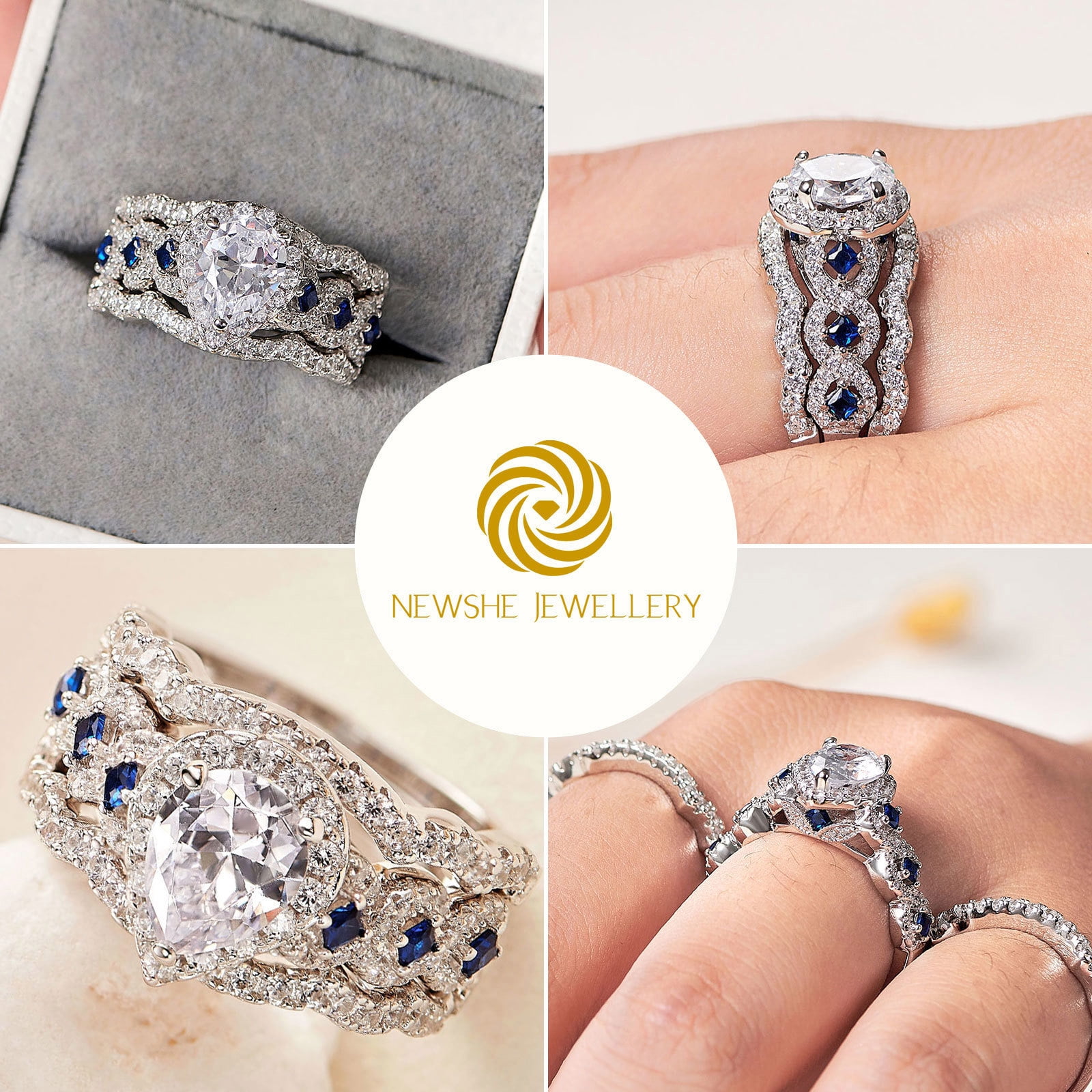 Newshe Jewellery Engagement Wedding Ring Set Rings For Women 925 Sterling Silver 3pcs 2.5ct Pear White Cz Blue Size 75