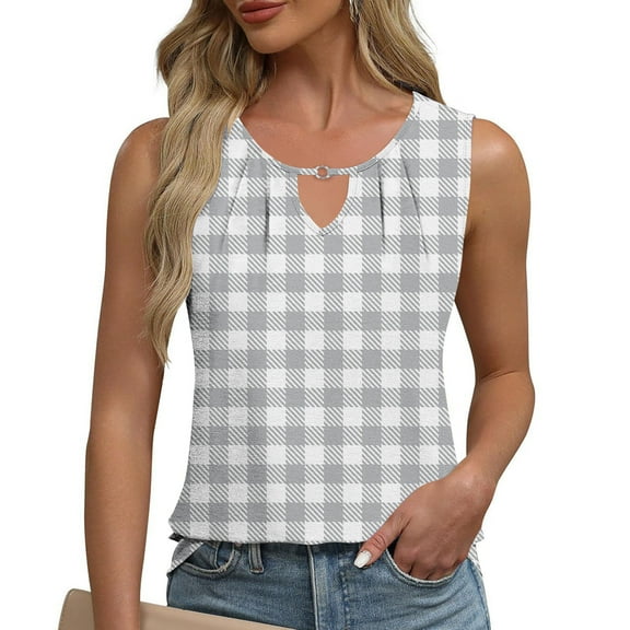ITSAME Women's Tank Tops, V Neck Sleeveless Checked Graphic Summer 2025 Fashion Casual Blouse Gray S