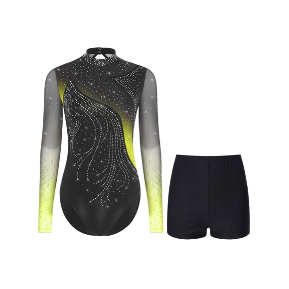 dPois Women's Long Sleeve Leotard with Shorts Figure Skating Outfit Contemporary Dancewear Yellow XXL