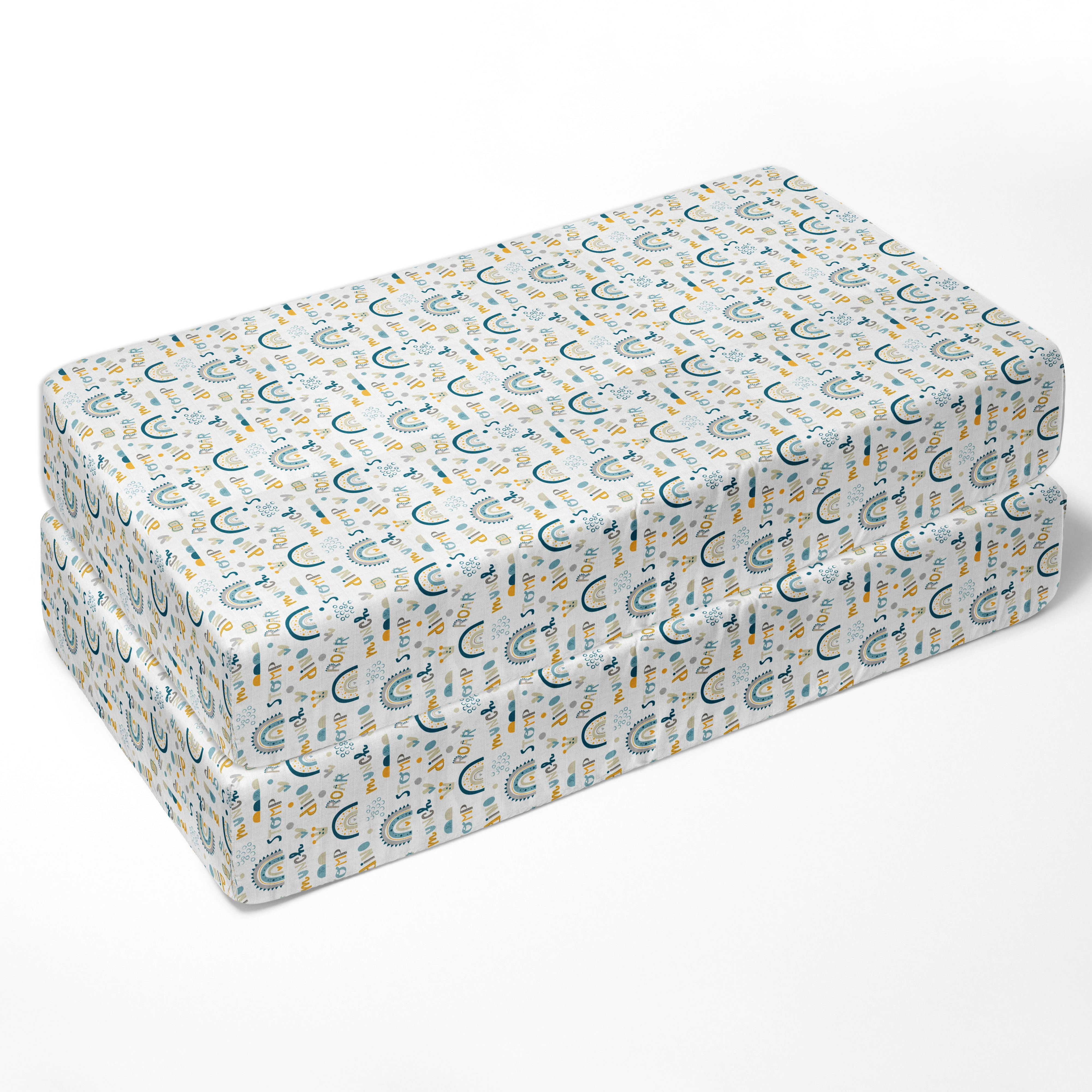 Bacati - Boys Little Dino Rainbow Teal Aqua Yellow Muslin Crib or Toddler Bed Fitted Sheet