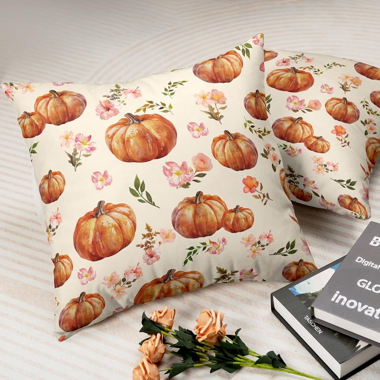 Set Of 2 Fall Pillow Covers 18x18 - Pumpkin & Floral Pattern, Thanksgiving Farmhouse Decor