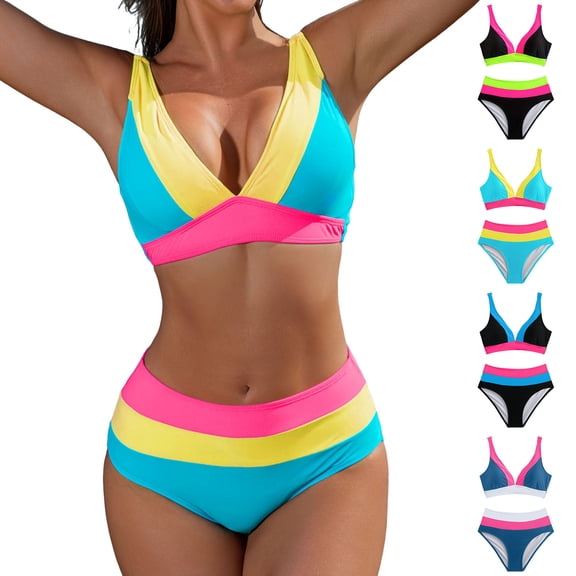 GEWSEY Women's Cheeky Bikini Sets Color Block Two Piece Swimsuit Crisscross Back Sporty Bathing Suits Curvy Swim Suit (Hot Pink, M)