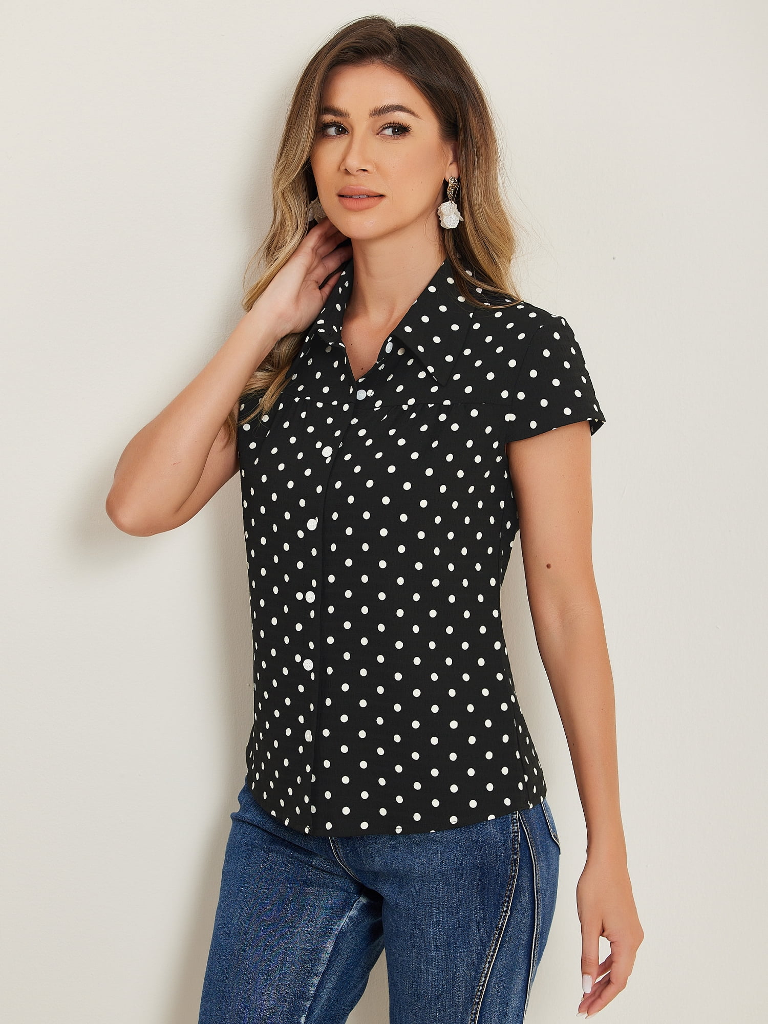 DARING DIVA Women's Retro Point Collar Short Sleeve Polka Dots Shirts M Black