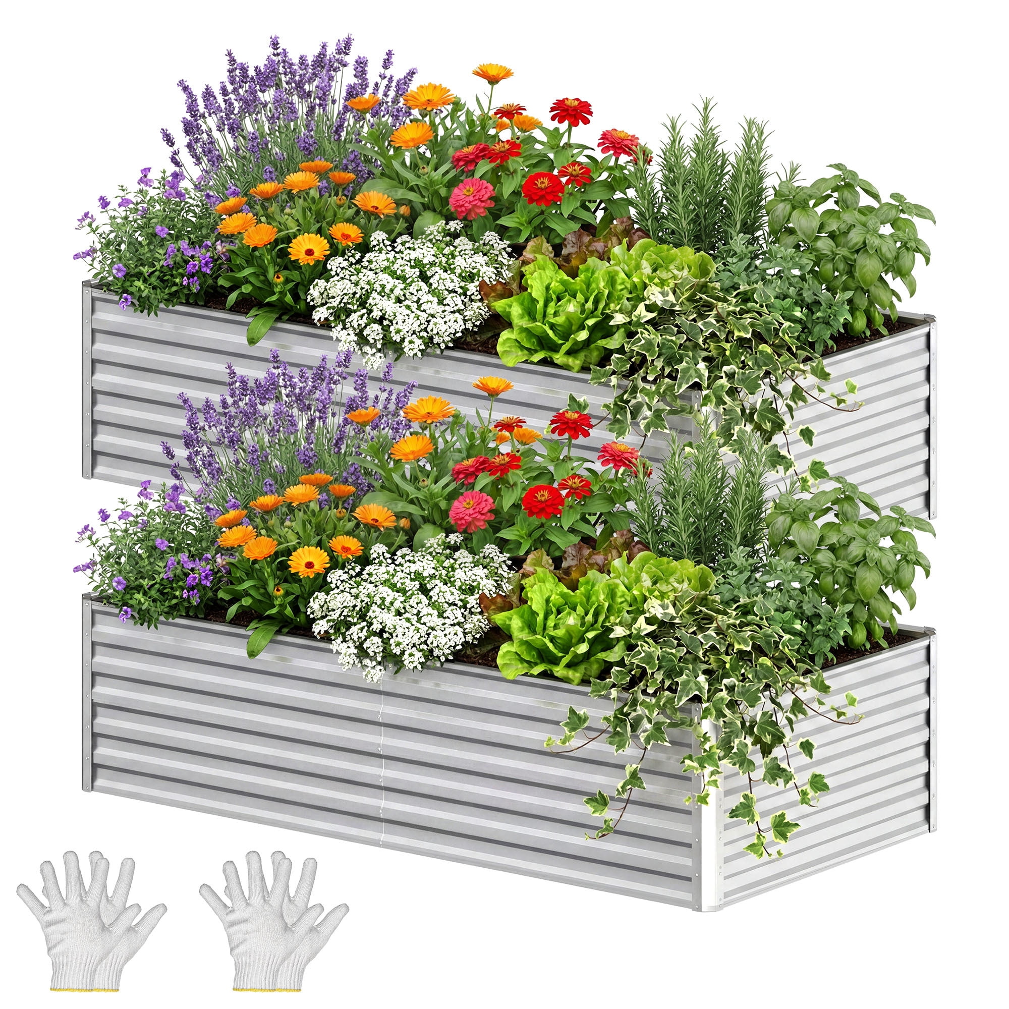 Uforic 2 Pack 6x3x2 f Silver Galvanized Raised Garden Bed Kit, Metal Planter Box with Gloves, Ground Nails & Support Rod, Outdoor Above-Ground Planter for Plants, Vegetables, and Flowers