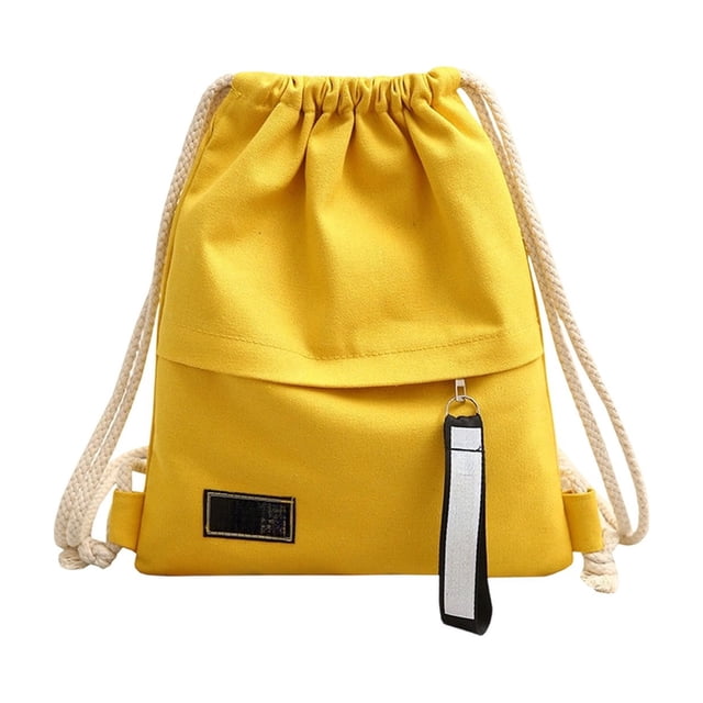 Canvas Drawstring Backpack Solid Color Yellow 37 cm x 30 cm Lightweight Gym Bag with Front Pocket