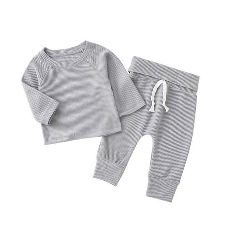 

GWAABD Boy Clothes Baby Boys Girls Long Sleeve Knitted Cotton Shirt Tops Solid Pants Sleepwear Pajamas Outfit Set 2PCS Clothes