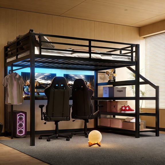 Full Loft Bed with Desk and Storage Stairs, Metal Frame with LED Lights and USB Ports, No Box Spring Needed, Black