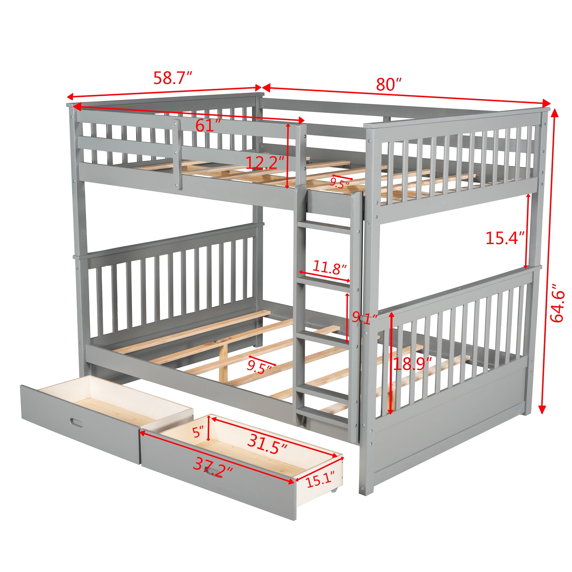 DEALTOPS Full over Full Bunk Bed with Ladder and 2 Drawers for Kids Adults Bedroom Furniture, Gray
