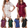 thumbnail image 4 of Women Pajamas Set Short Sleeve Notched Collar Button Down Satin Pjs Sleepwear, 4 of 8