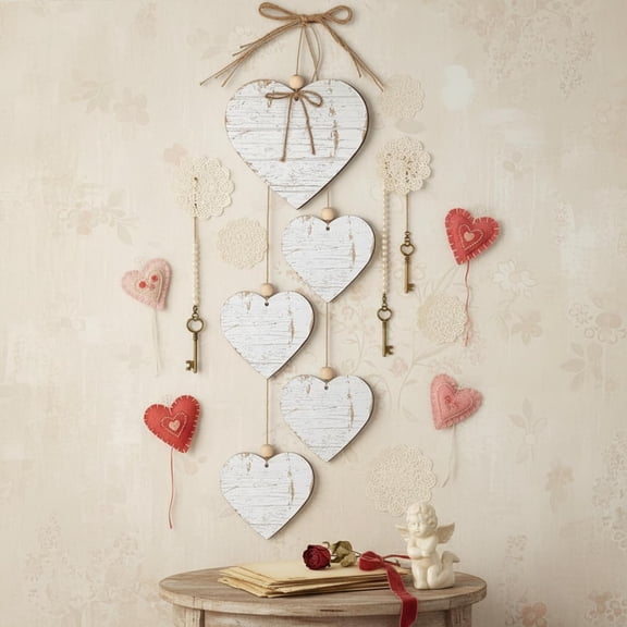 VALENTINE Natural Wood Heart Door Sign Rustic White Love Wreath with Bow Vintage Heart Shaped Decor for Front Wall Home Farmhouse