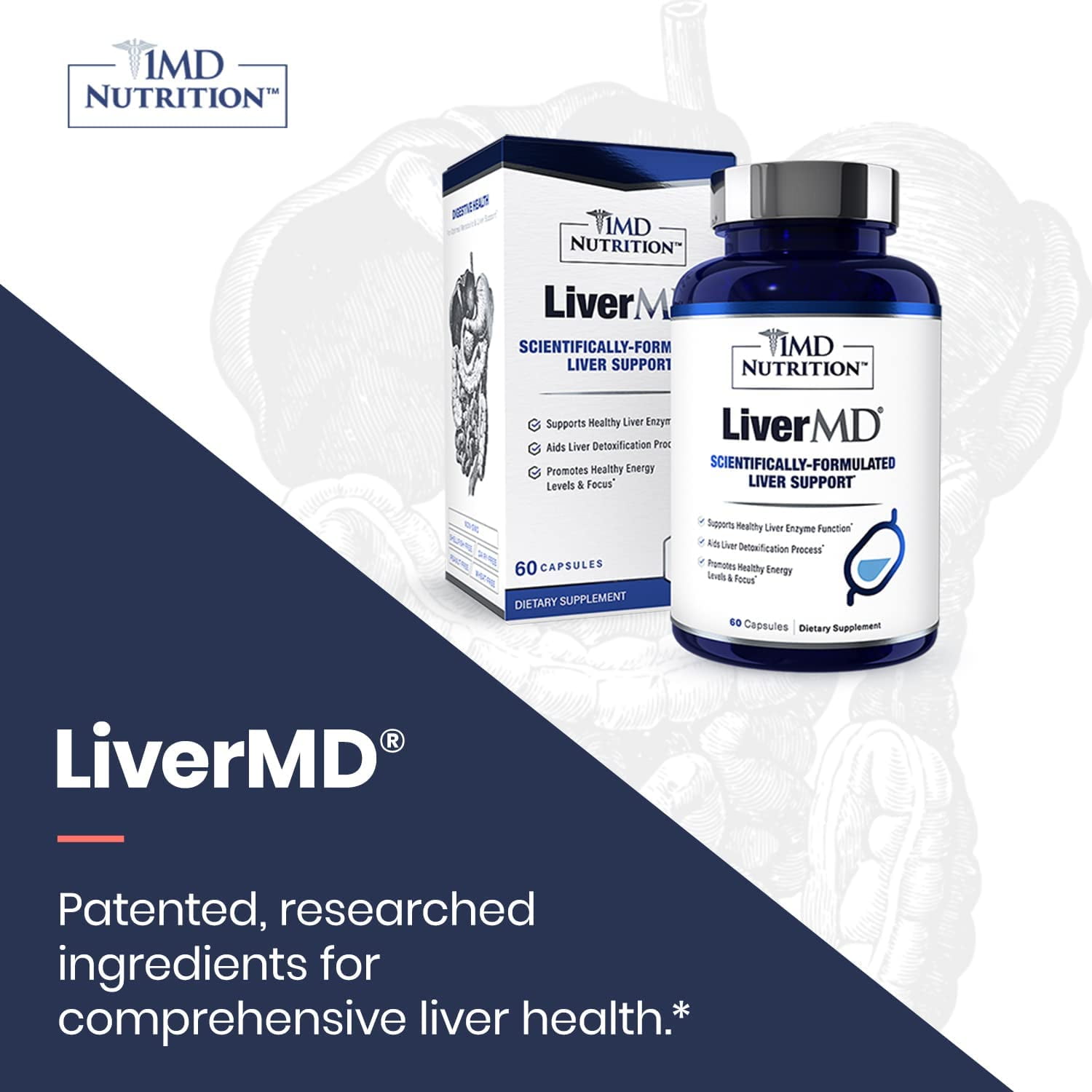 1MD Nutrition LiverMD - Liver Cleanse Supplement | Siliphos Milk Thistle Extract - Highly Bioavailable, Clinically Studied for Liver Detox | 60 Capsules