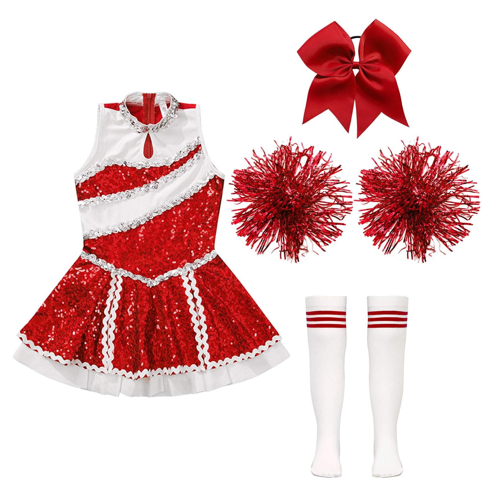 iiniim Girls Cheer Leader Sequins Cheerleading Dress with Pom Poms Headwear Socks for Halloween B Red 12