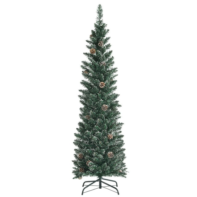 Costway 5ft Unlit Snowy PVC Artificial Slim Christmas Pencil Tree w/ Pine Cones