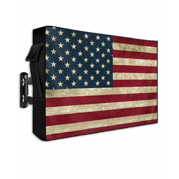 Vintage American Flag Outdoor TV Cover 40 to 43 Inch Weatherproof, Shabby US Star Strips Flag 600D Oxford TV Covers with Waterproof Zipper, Outside Flat TV Screen Protector Size 40"W x 25"H x 4.5"D
