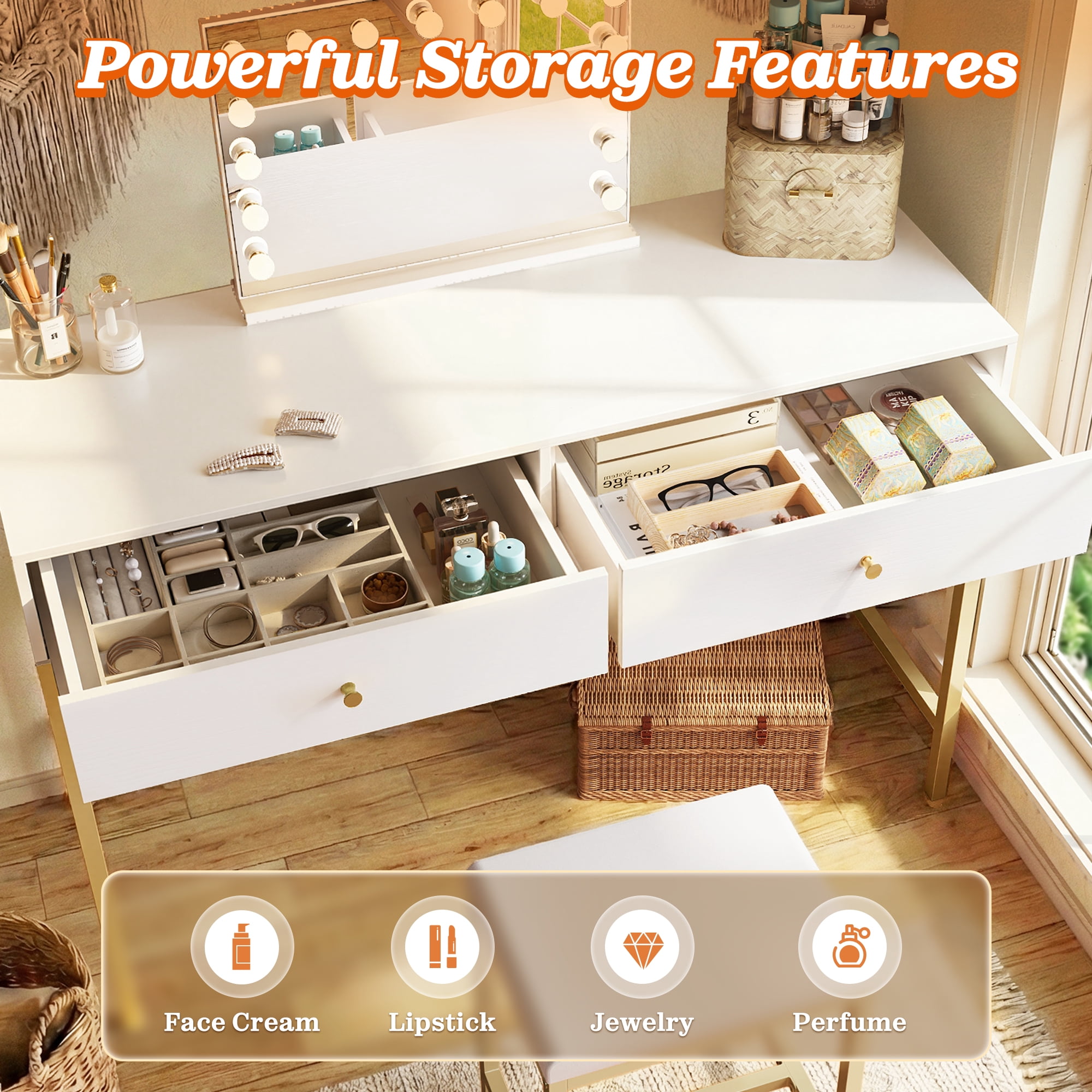 Amadwell 35.4 Inches White and Gold Desk with 2 Drawers, Vanity Desk with Padded Stool, Bedroom