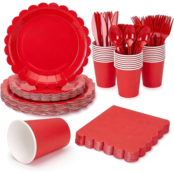 168 piezas de platos y servilletas de papel rojo, suministros de fiesta rojos incluyen platos con volados, servilletas, vasos, tenedores, cuchillos, cubiertos desechables de plástico para boda