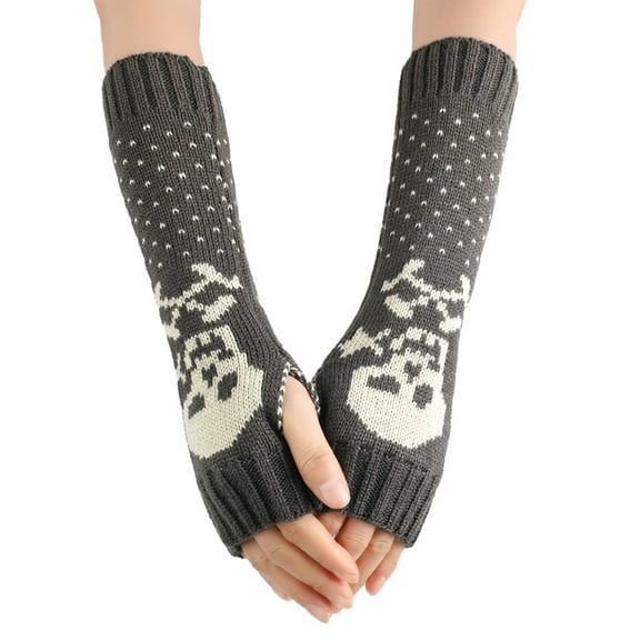 Acahhotxx Gloves, Knitted Skull Pattern Fingerless Gloves Winter Half Finger Mittens Stretchy Keep Warm Arm Warmer Gloves for Girls Teens