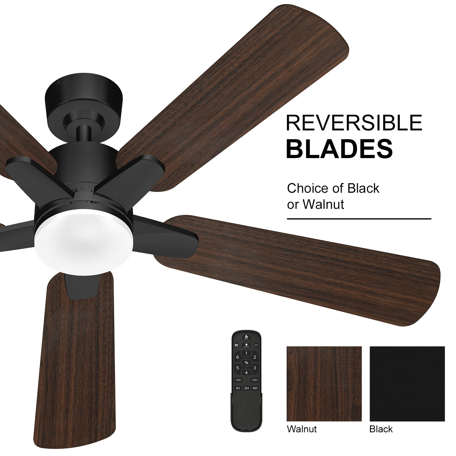 Manistays 52 inch Downrod Ceiling Fan with LED Light, Remote Control, 6 Speeds, 5 Blades, Black