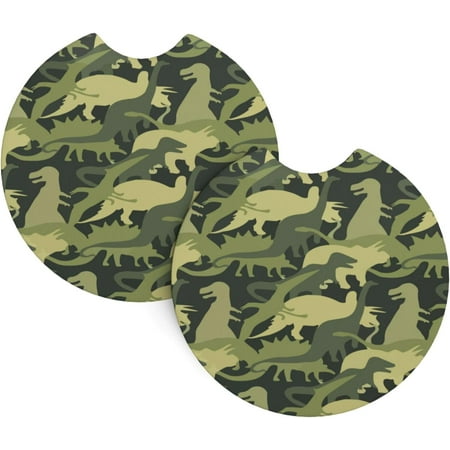 

2 Pack Car Coasters Camouflage-Green-Army-Dinosaur Neoprene Cup Holder Pad Set Round Auto Cup Holder Insert Drink Coaster