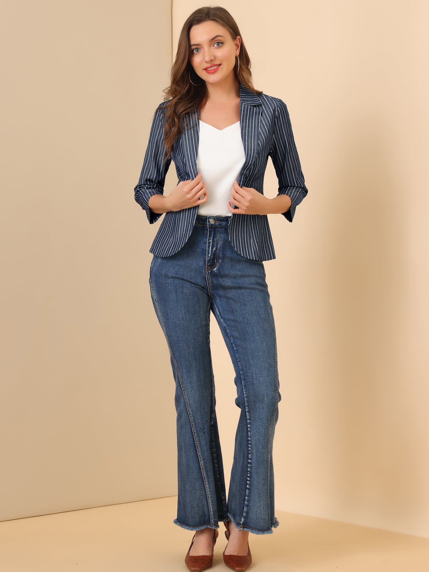 DARING DIVA Women's Striped Open Front Notched Lapel Blazer XS Dark Blue