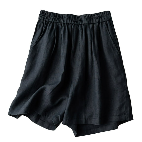 Hvot&aat Women's Casual Bermuda Shorts Elastic Waist Linen Wide Leg Shorts Baggy Solid Color Beach Shorts