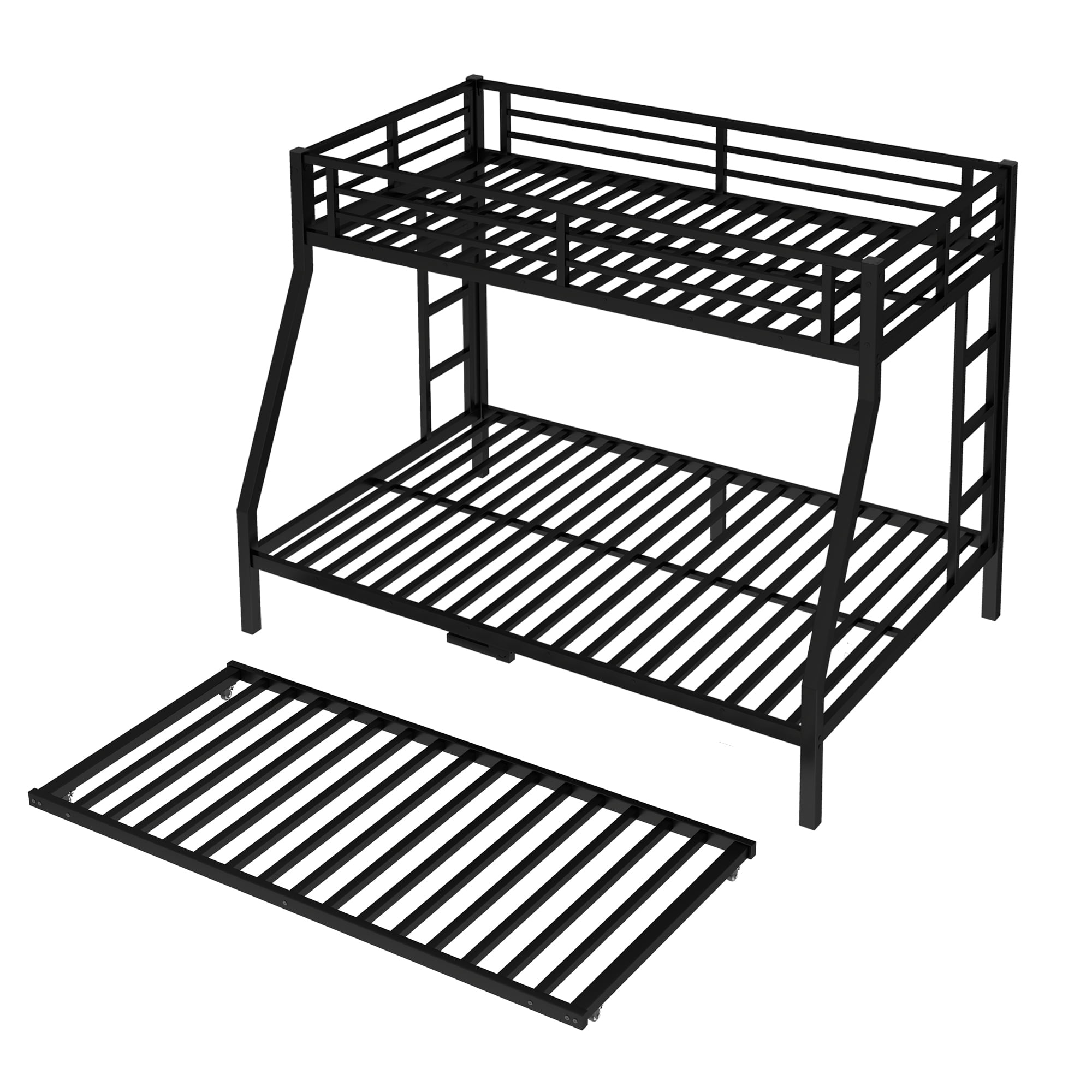 Leumius Metal Bunk Bed with Trundle,Twin over Full Bunk Bed with with Ladder & Guardrails,Heavy-Duty Bunk Bed Frame for Kids/Teens/Adults,Space-Saving/Noise Reduced/No Box Spring Needed,Black