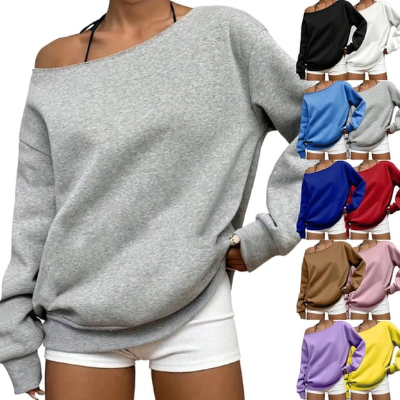 AKOEE Off Shoulder Sweatshirts for Women Trendy Casual Loose Sweaters Lightweight Long Sleeve Plain Pullover (3XL, Gray)