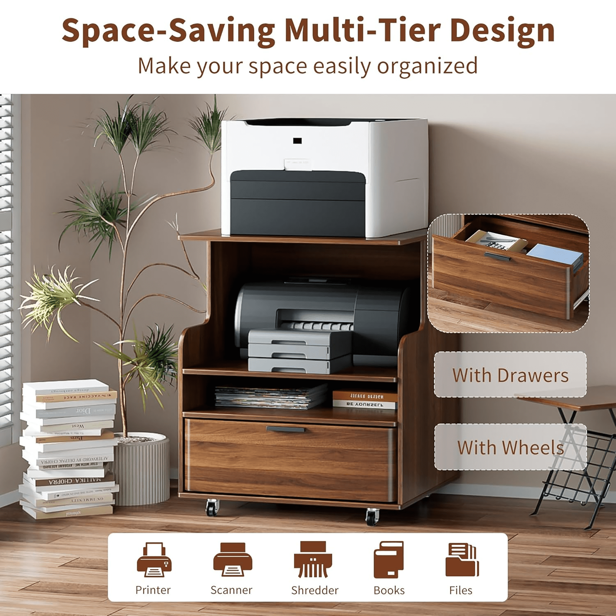 Oubayajia Printer Stand, 3 Tier Rolling Printer Cart with Wheels and Drawer, Stand for Heat Press Mini Fridge for Home Office, Walnut