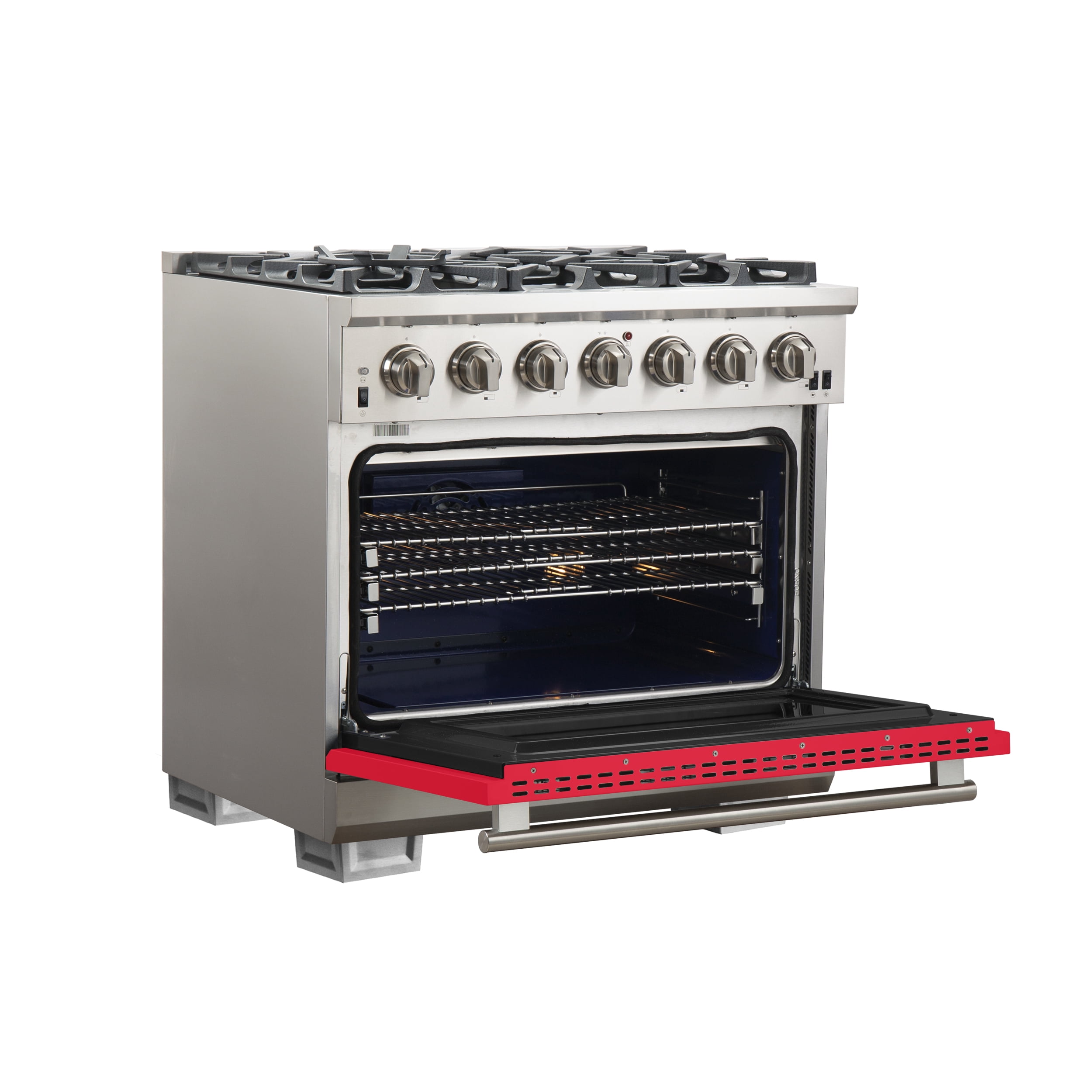 Forno Capriasca 36-Inch Gas Range, Stainless Steel, 6 Brass Burners, 120,000 BTU, Convection Oven, Energy Efficient, Red Door