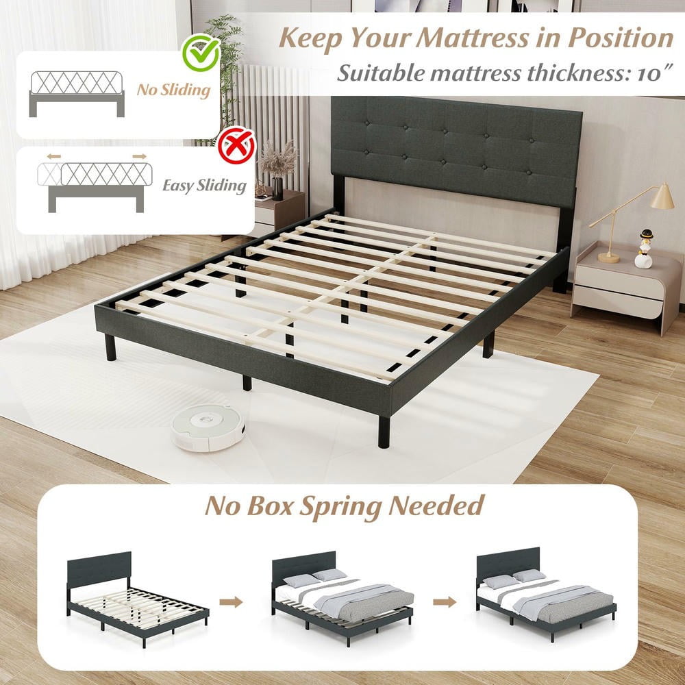 GVN Queen Size Upholstered Sturdy Bed Frame, Linen Platform Bedroom Platform Bed Frame for Apartment, Bedroom, Dark Gray