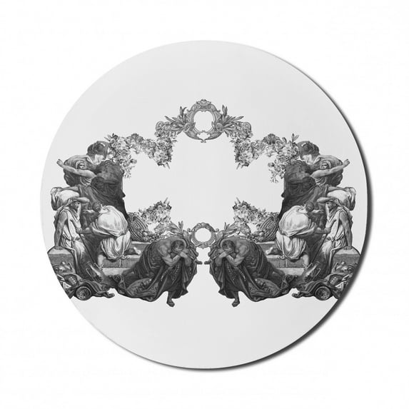 Victorian Mouse Pad for Computers, Frightened People Antique Sketch Art Floral Arch Flowers Leaves Western Culture, Round Non-Slip Thick Rubber Modern Mousepad, 8" Round, Black White, by Ambesonne