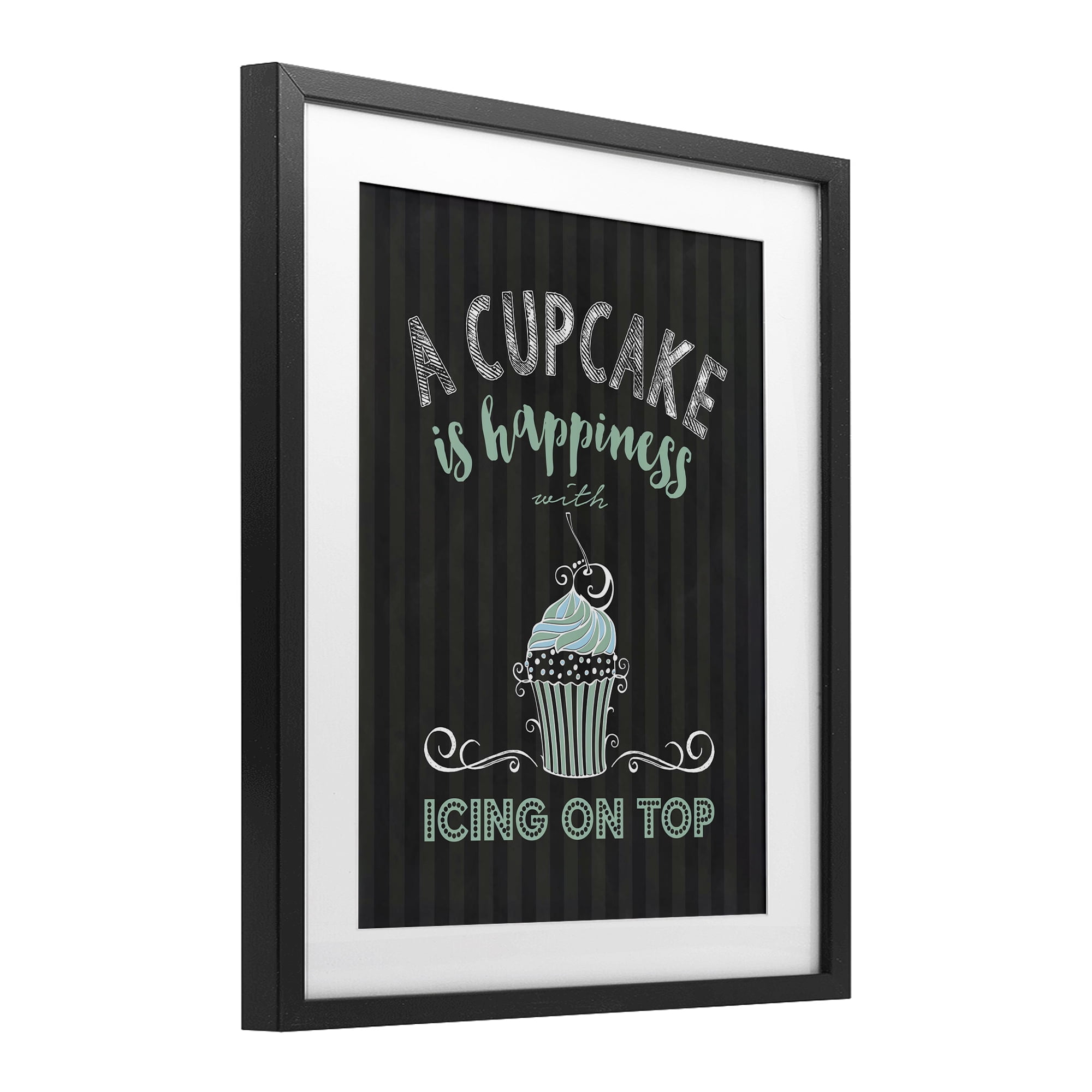 Cupcake Is Happiness with Icing Black Framed Print Under Glass, design by Lettered and Lined