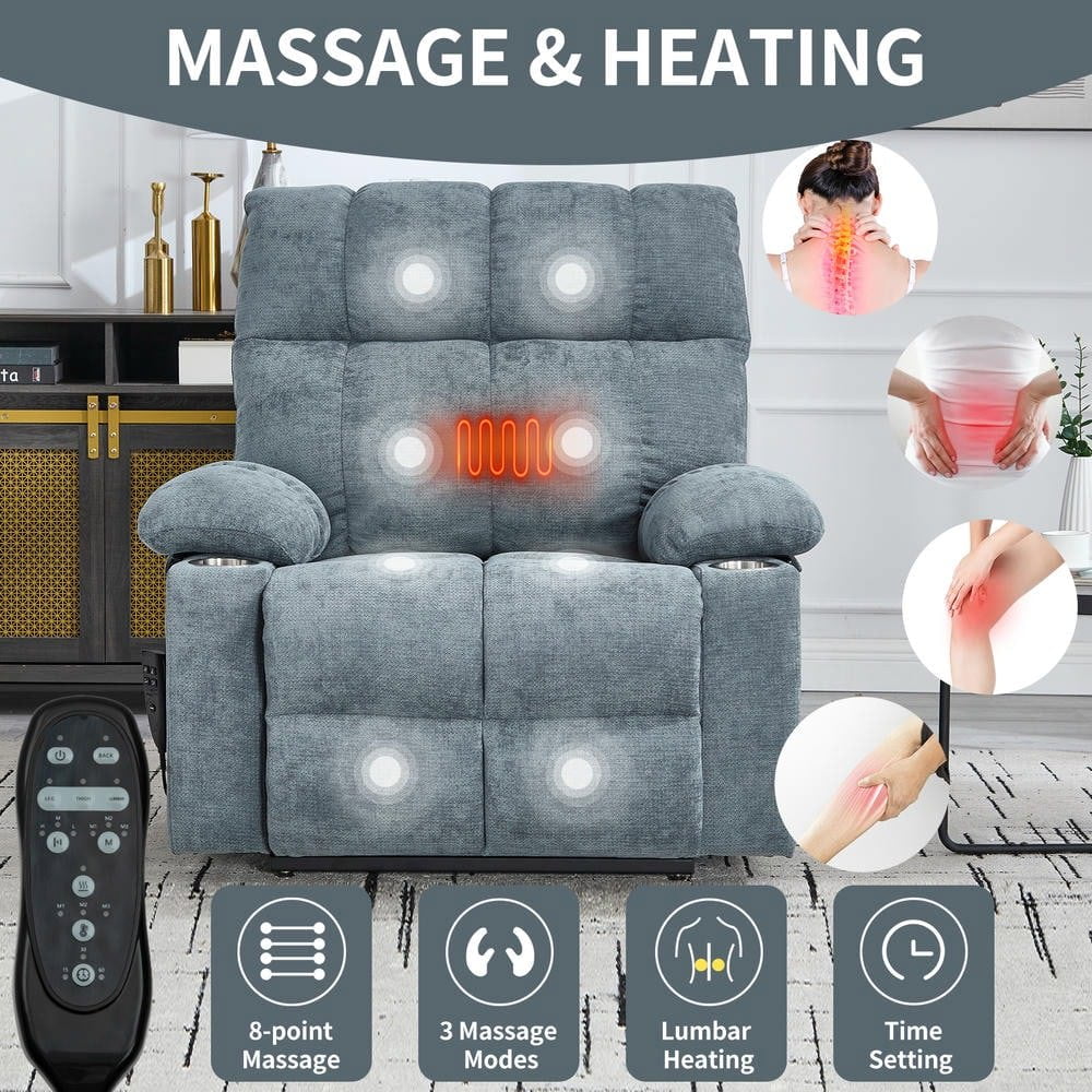 Resenkos Recliner 24.5" Wide with Dual Motors, Massage & Heat, Cup Holders, 350lb Capacity, Gray-Blue