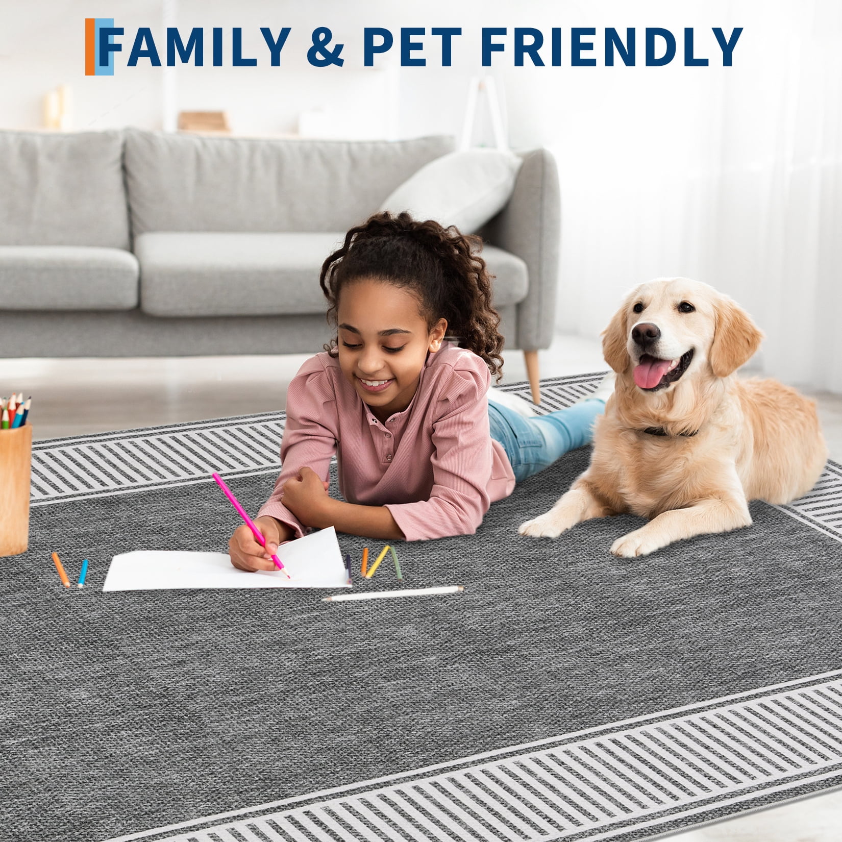 Garvee Indoor Bordered Area Rug, 8'x10' Modern Non Slip Rubber Backing Washable Rug Low Pile Striped Rugs Carpet for Bedroom Living Room Nursery Office, Gray