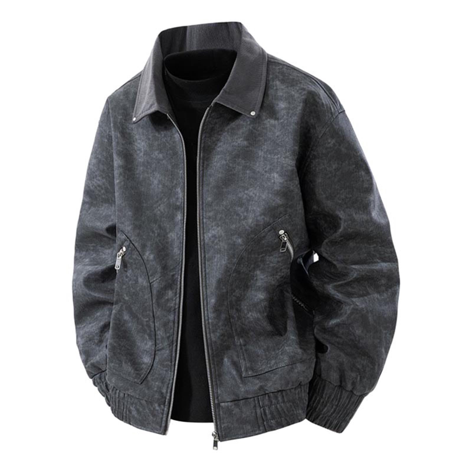 M-4X Big & Tall Mens PU-Leather Jackets with Pockets Plus Size Vintage Coats Trendy Long Sleeve Zip Up Collared Solid Motorcycle Outerwear Jacket