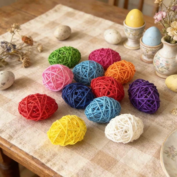 Decoración de Pascua Juego de bolas de ratán tejidas de 6,5 cm, 2 adornos de fibra con huevos, azul claro rosa rojo púrpura verde amarillo, decoración para fiestas colgantes