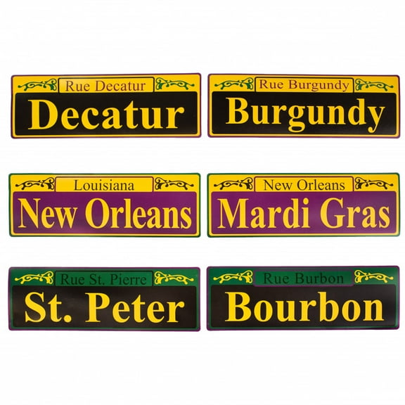 12" Cardboard Mardi Gras Street Signs (6) Bourbon, Decatur, Burgundy, and St. Peter," parade balcony NOLA car Louisiana New Orleans