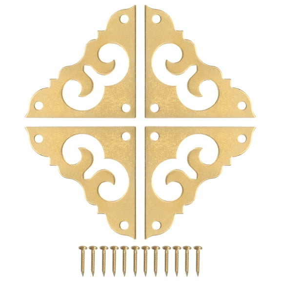 4Pcs Brass Flat Corner Bracket 1.2 Inch Vintage Brass Hollow Pattern Corner Protector with Mounting Nails (Brass)