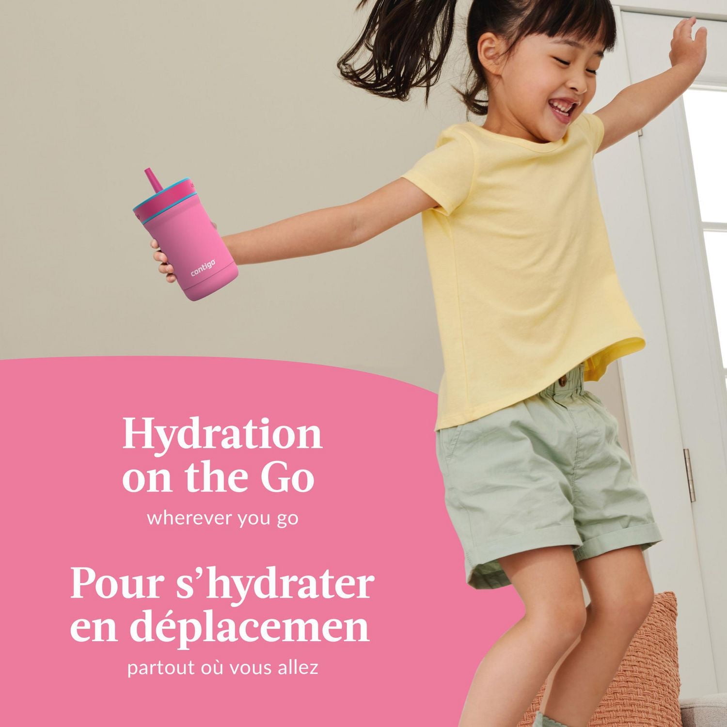 Contigo Kids Leighton Spill-Proof Stainless Steel Tumbler with Straw, 12 oz (354 mL), Azalea & Strawberry