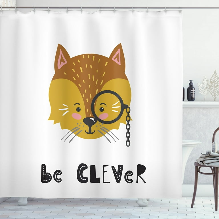 Fox Shower Curtain, Funny Nursery Animal Character with Be Clever Wording, Fabric Bathroom Set with Hooks, 69W x 70L Inches, Ginger Dark Yellow